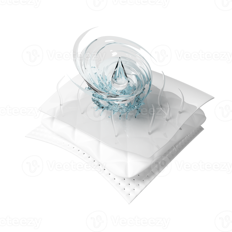 3d ventilate shows water splash transparent for diapers, synthetic fiber hair absorbent layer with sanitary napkin, transparent film baby diaper adult concept,  3d render png