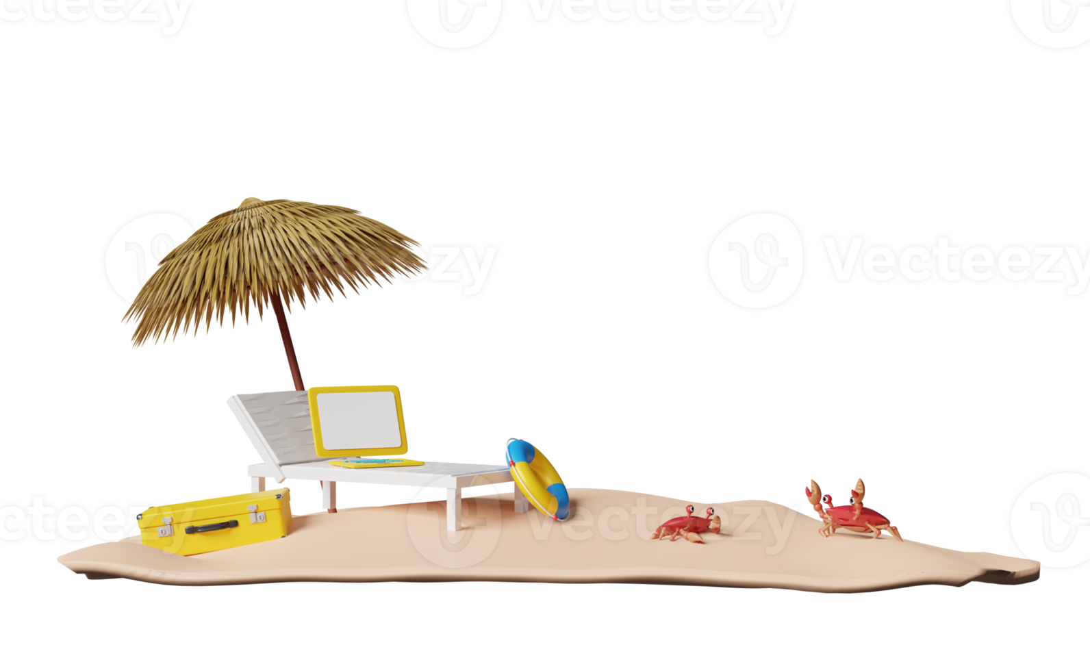 strand stoel met paraplu, palm boom, reddingsboei, kust, krab, koffer geïsoleerd. zomer reizen concept, 3d illustratie of 3d geven png