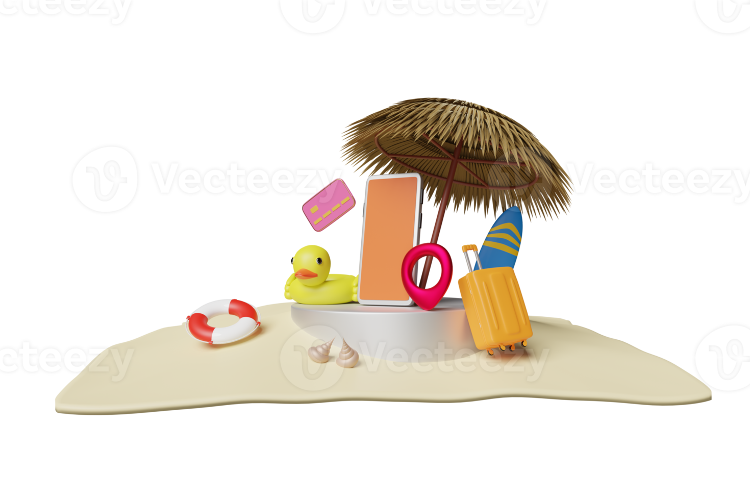 summer travel with cylinder stage podium, umbrella, lifebuoy, yellow duck, seaside, mobile phone, suitcase isolated. online shopping summer sale, 3d illustration or 3d render png