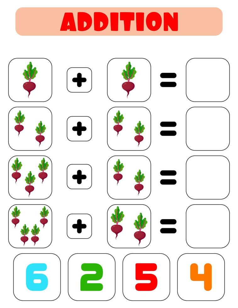 Addition of beets. A task for children. Educational development sheet. Color activity page. A game for children. Beetroot vector