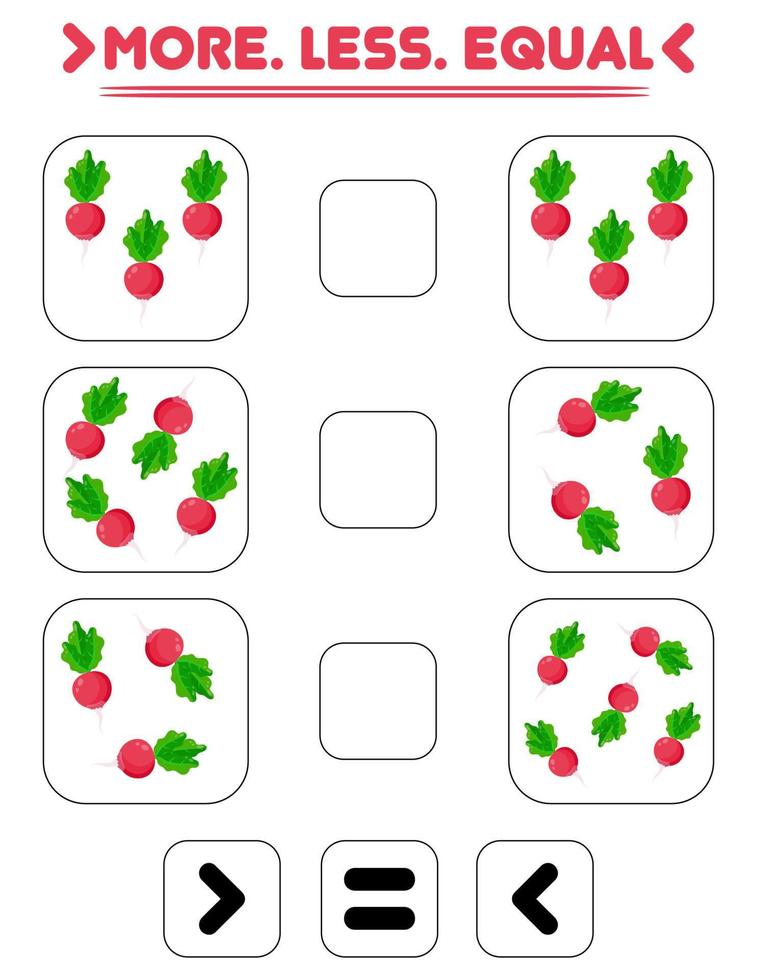 Compare the number of radishes. Write the sign more , less, equal. Teaching children. Education for kindergarten vector