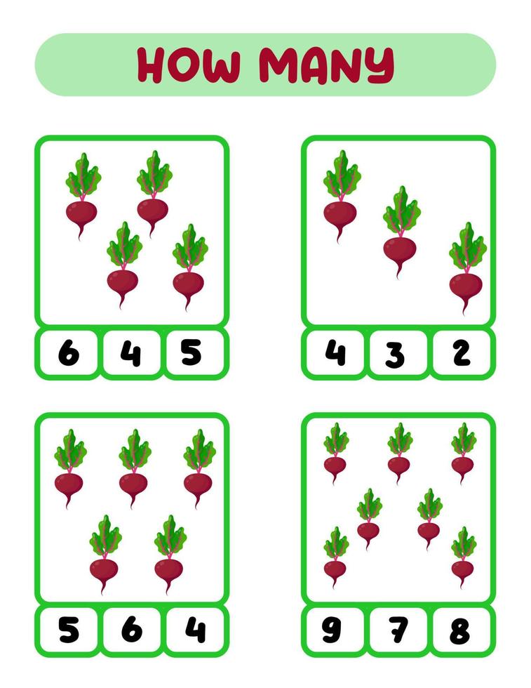 Count how many beets. Write down the answer. Educational games for kids vector