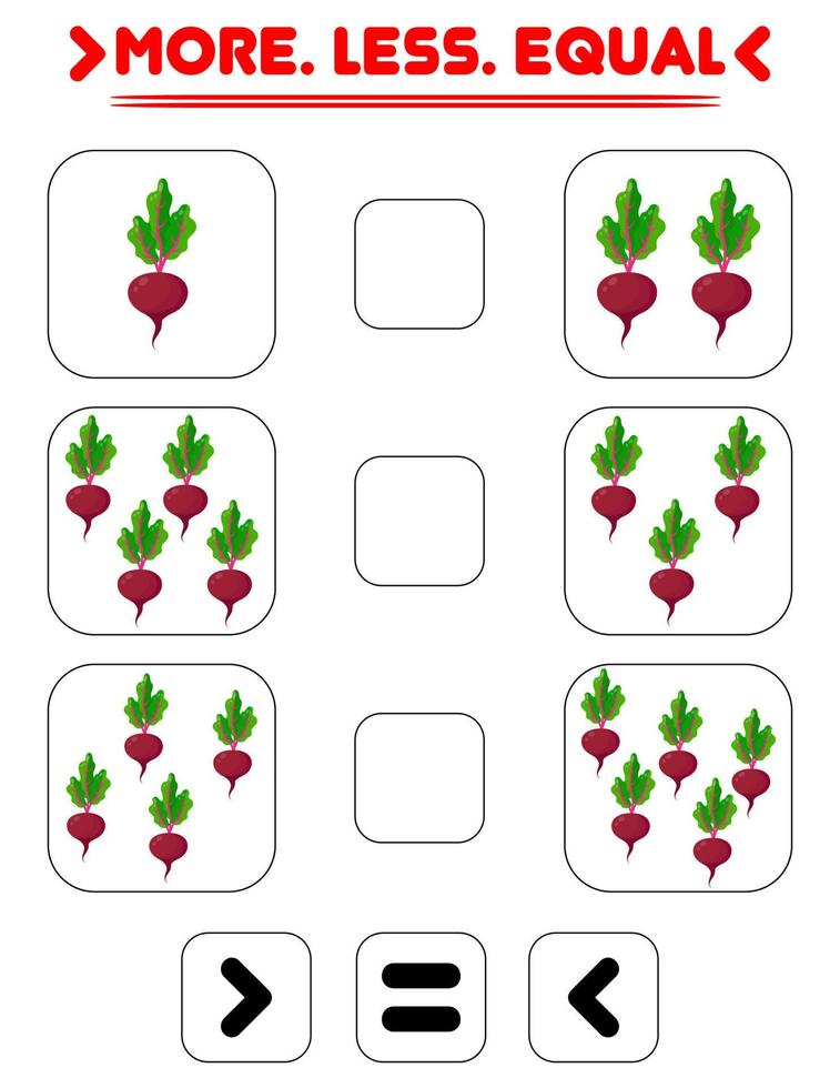 Compare the number of beets. Write the sign more , less, equal. Teaching children. Education for kindergarten vector