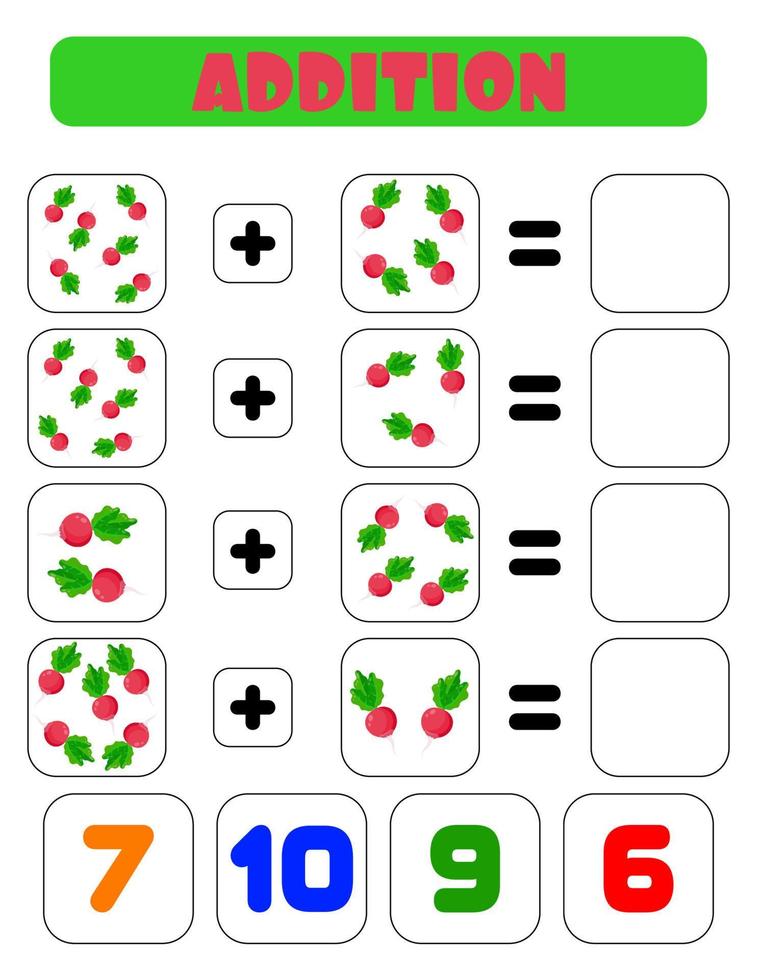 adición de rábanos. una tarea para los niños. hoja de desarrollo educativo. página de actividades de colores. un juego para niños. vector