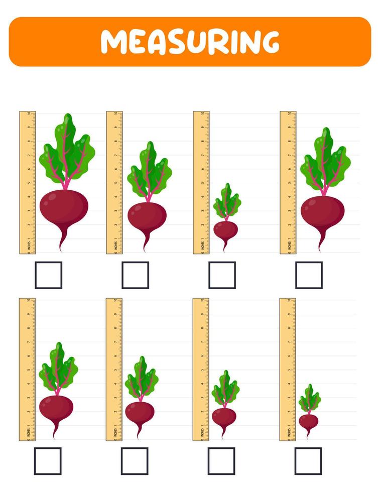 Measuring length  with ruler. Education developing worksheet. Game for kids.Vector illustration. practice sheets.Beet measurement in inches vector