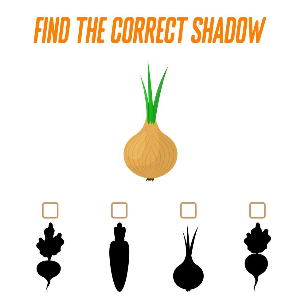 Find the right shadow. Cute onion. Educational game with vegetables. Logic games for children with an answer. A training card with a task for preschool and kindergarten children. vector