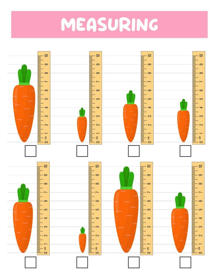 Measuring length  with ruler. Education developing worksheet. Game for kids.Vector illustration. practice sheets.Carrot measurement in centimeters. vector