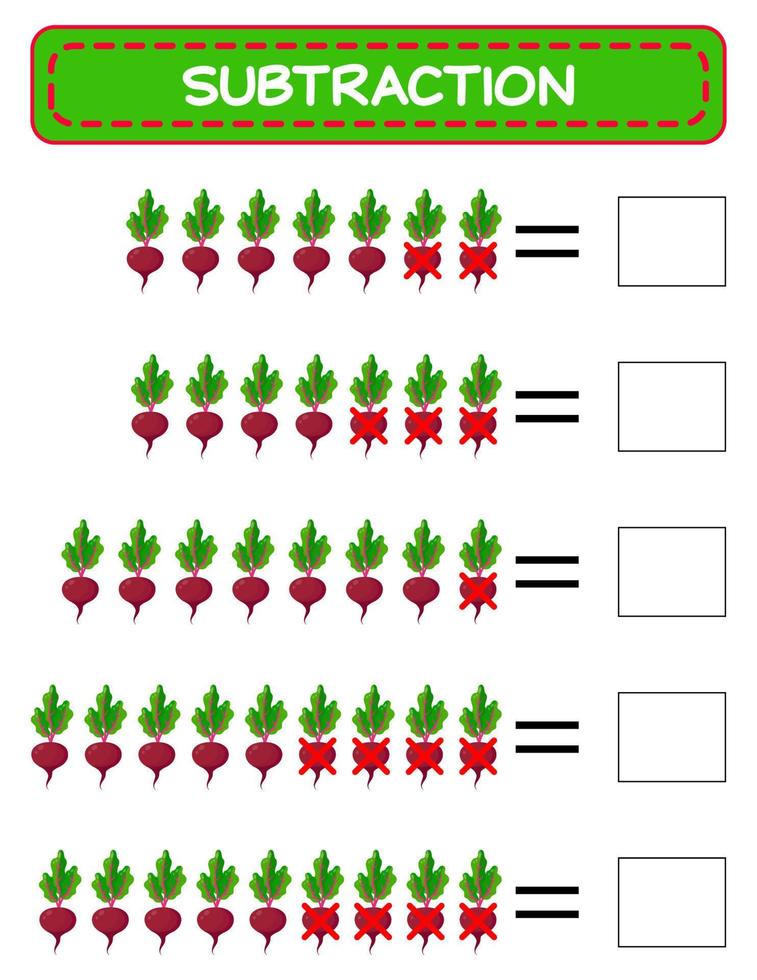 Subtraction.  Math worksheet for kids. Developing numeracy skills. Solve examples and write. Mathematics. Vector illustration.Educational math children game. Subtraction for kids