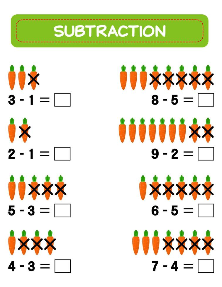 Subtraction.  Math worksheet for kids. Developing numeracy skills. Solve examples and write. Mathematics. Vector illustration.Educational math children game. Subtraction for kids