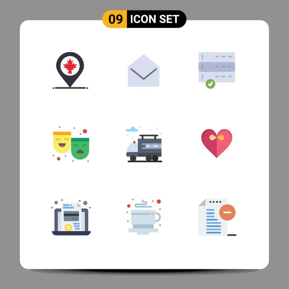paquete de 9 signos y símbolos modernos de colores planos para medios de impresión web, como la ciudad de camiones, aprobar roles felices y tristes elementos de diseño de vectores editables
