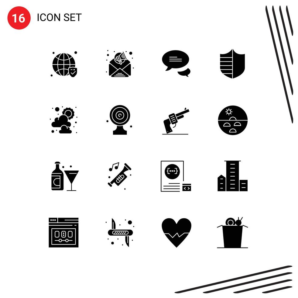 Editable Vector Line Pack of 16 Simple Solid Glyphs of aim board sunny messaging sun security Editable Vector Design Elements
