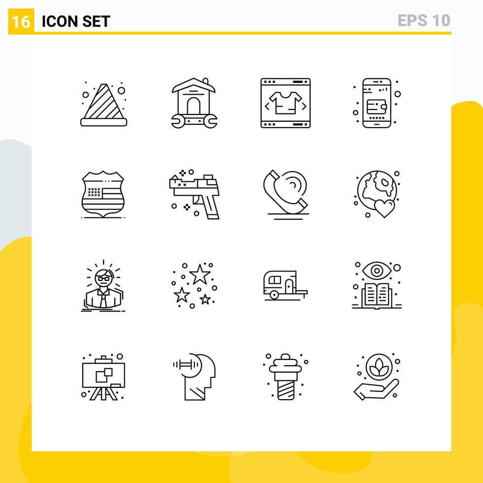 Modern Set of 16 Outlines and symbols such as sign purse wrench online wallet shopping Editable Vector Design Elements