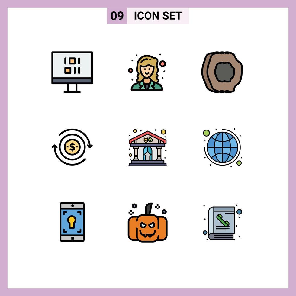 Mobile Interface Filledline Flat Color Set of 9 Pictograms of show dollar apricot juice transaction cash Editable Vector Design Elements