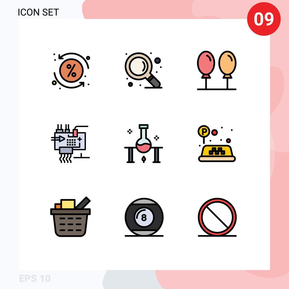 User Interface Pack of 9 Basic Filledline Flat Colors of science laboratory balloon parts electronics Editable Vector Design Elements