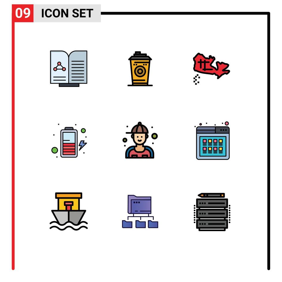 Mobile Interface Filledline Flat Color Set of 9 Pictograms of repair mechanic canada man charge Editable Vector Design Elements