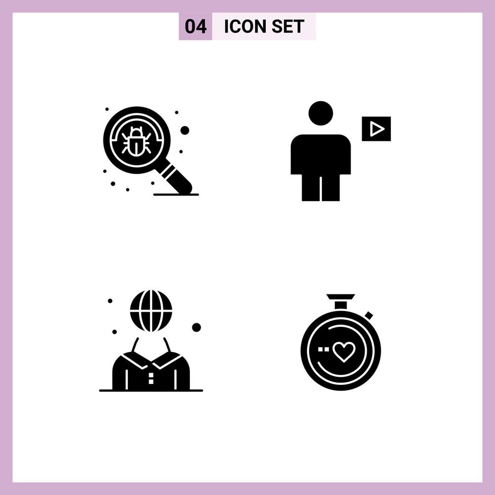 Pack of 4 Modern Solid Glyphs Signs and Symbols for Web Print Media such as bug global virus human international Editable Vector Design Elements