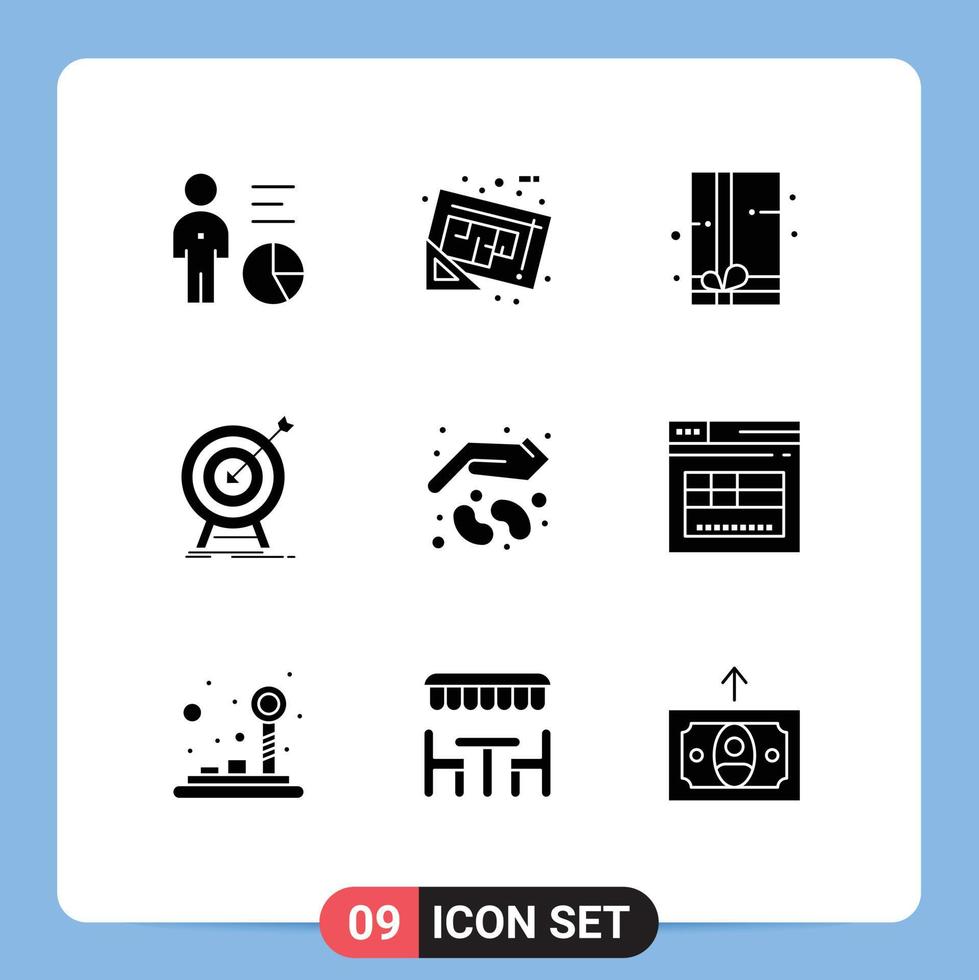 Universal Icon Symbols Group of 9 Modern Solid Glyphs of target market tools hit gift box Editable Vector Design Elements