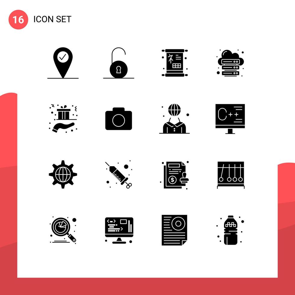 16 interfaz de usuario paquete de glifos sólidos de signos y símbolos modernos de signo de regalo de mano elementos de diseño vectorial editables del servidor de navidad vector