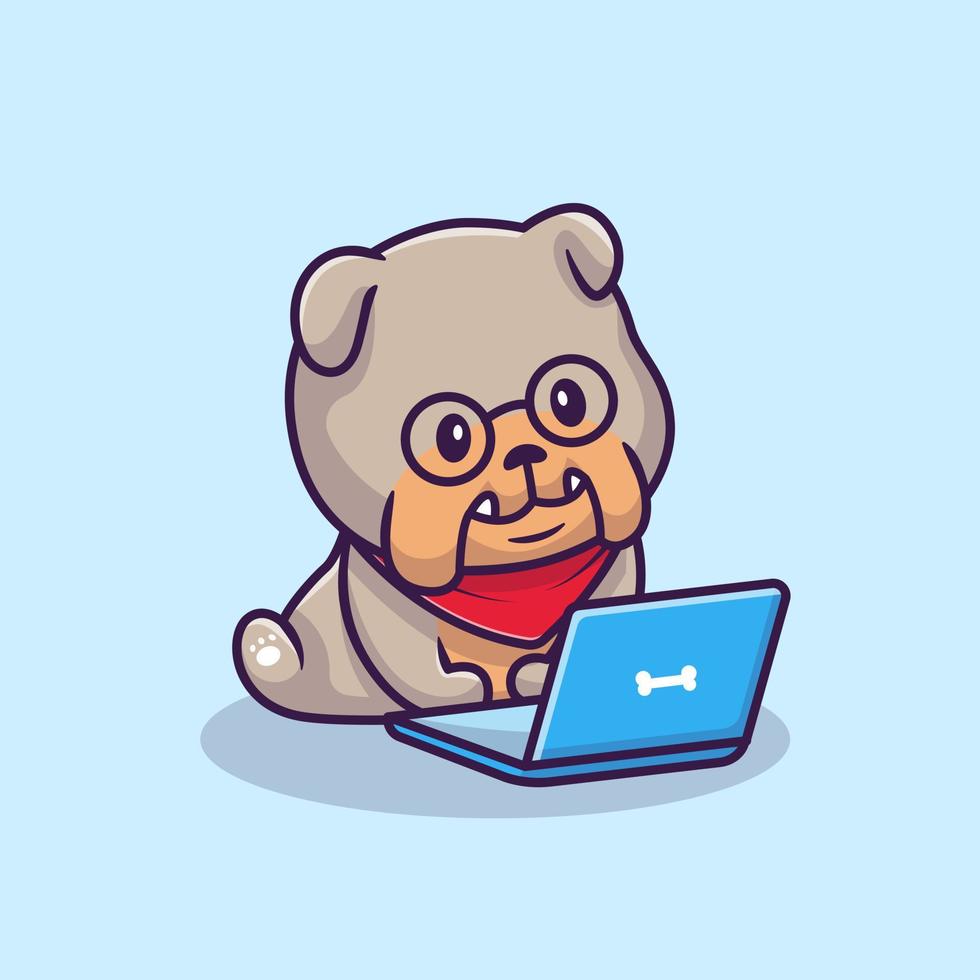 Cute Bulldog Operating Laptop Cartoon Vector Icon Illustration. Animal Technology Icon Concept Isolated Premium Vector. Flat Cartoon Style