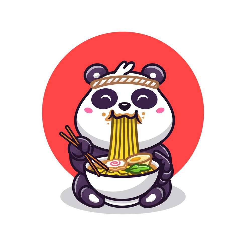 Cute Panda Eating Ramen Noodle Cartoon Vector Icon Illustration. Animal Food Icon Concept Isolated Premium Vector. Flat Cartoon Style