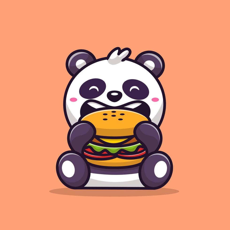 Cute Panda Eating Burger Cartoon Vector Icon Illustration. Animal Food Icon Concept Isolated Premium Vector. Flat Cartoon Style