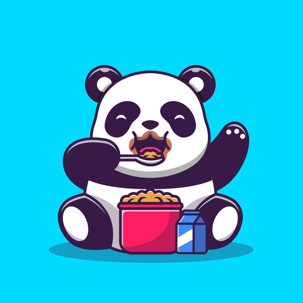 Cute Panda Eating Cereal And Milk Breakfast Cartoon Vector Icon Illustration. Animal Food Icon Concept Isolated Premium Vector. Flat Cartoon Style