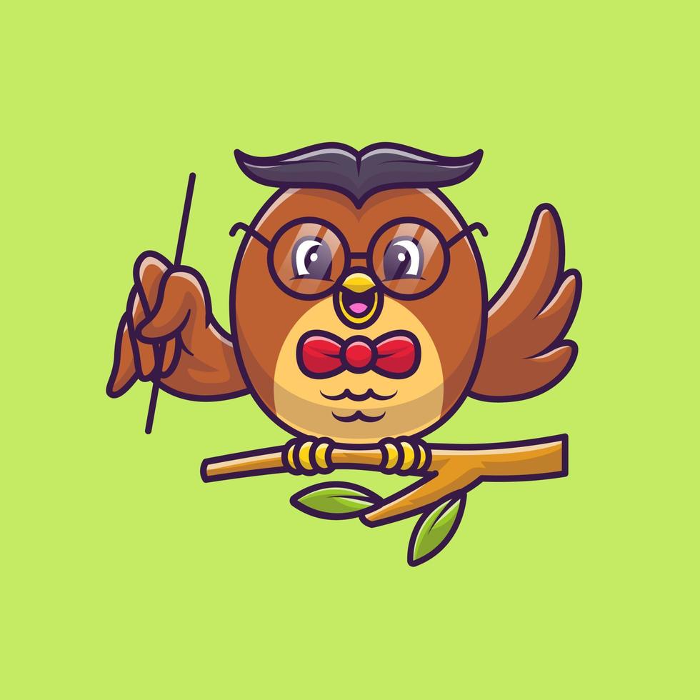 Cute Owl Teaching With Pointer On Tree Cartoon Vector Icon Illustration. Animal Education Icon Concept Isolated Premium Vector. Flat Cartoon Style