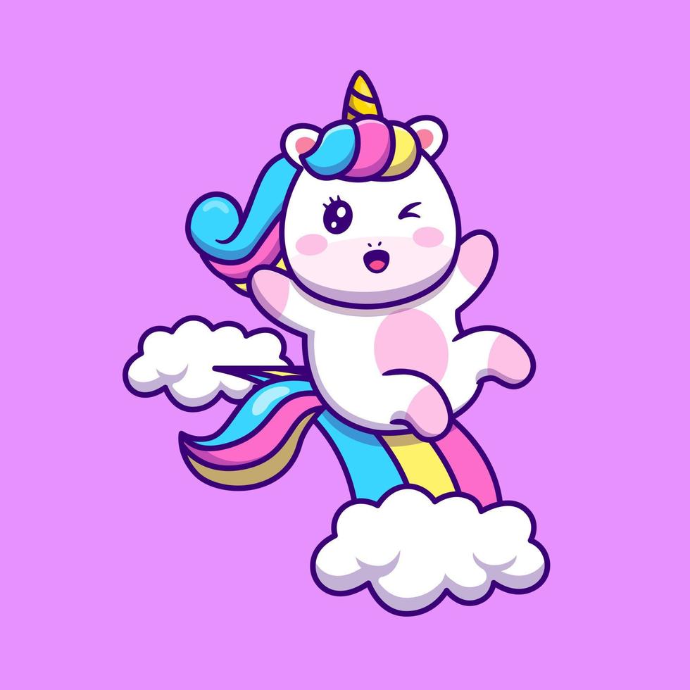 Cute Unicorn Sliding On Rainbow Cartoon Vector Icon Illustration. Animal Fantasy Icon Concept Isolated Premium Vector. Flat Cartoon Style