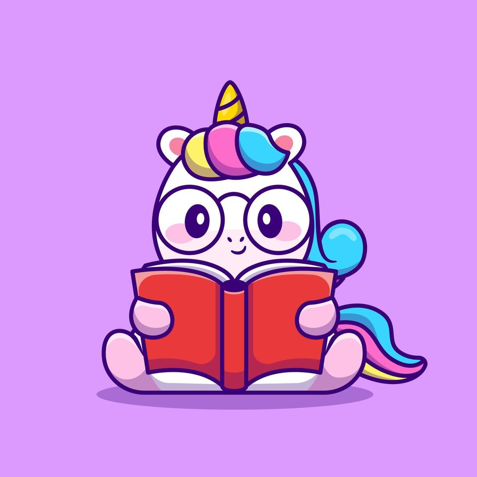 Cute Unicorn Reading Book Cartoon Vector Icon Illustration. Animal Education Icon Concept Isolated Premium Vector. Flat Cartoon Style