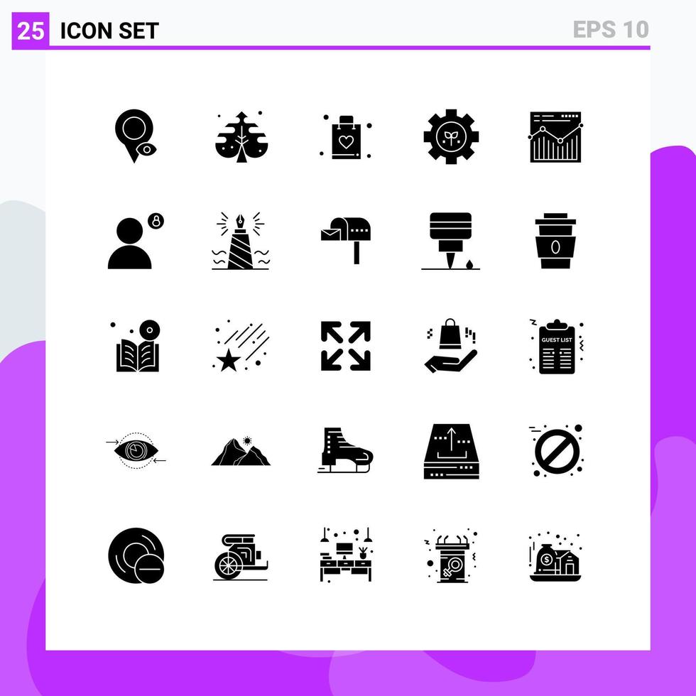 Group of 25 Modern Solid Glyphs Set for web setting bag gear environment Editable Vector Design Elements