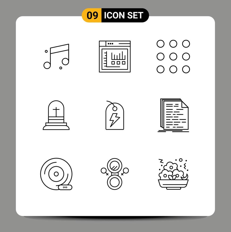Mobile Interface Outline Set of 9 Pictograms of energy sign dial tag cross Editable Vector Design Elements