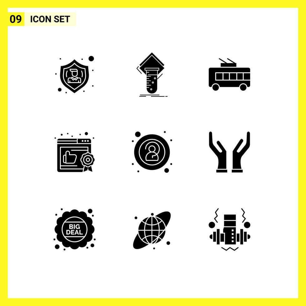 Mobile Interface Solid Glyph Set of 9 Pictograms of anonymous recommended testing like trolley bus Editable Vector Design Elements