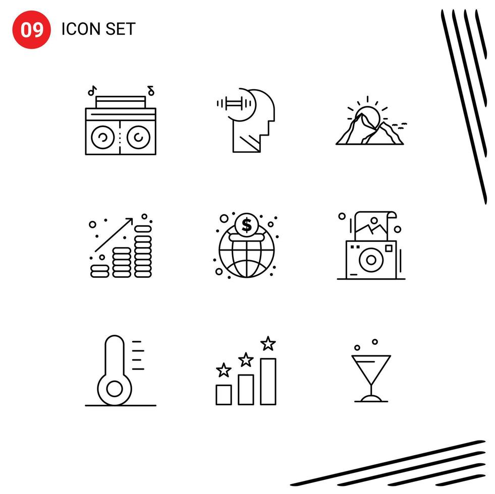 Outline Pack of 9 Universal Symbols of economy money landscape finance coins Editable Vector Design Elements