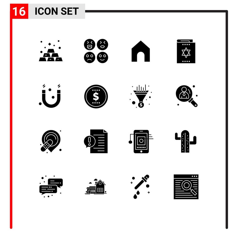 Group of 16 Solid Glyphs Signs and Symbols for science education instagram magician magic Editable Vector Design Elements