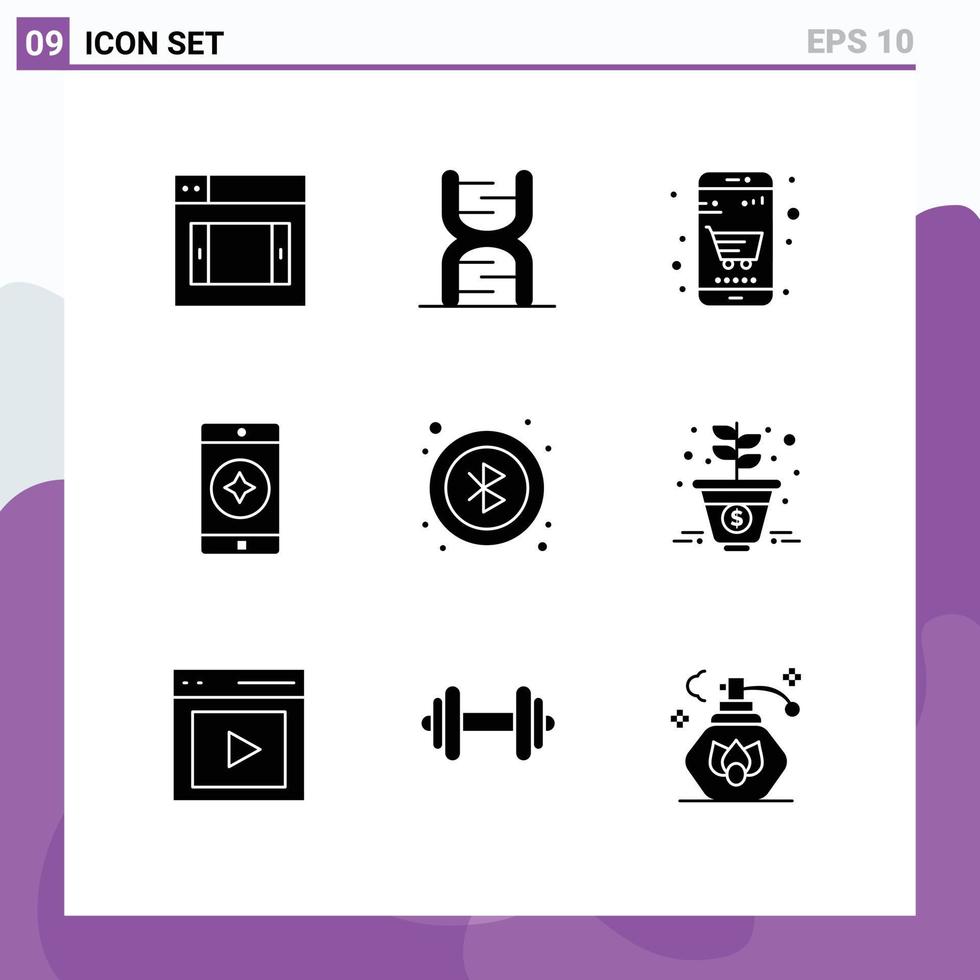 Modern Set of 9 Solid Glyphs and symbols such as user bluetooth basket mobile application favorite mobile Editable Vector Design Elements