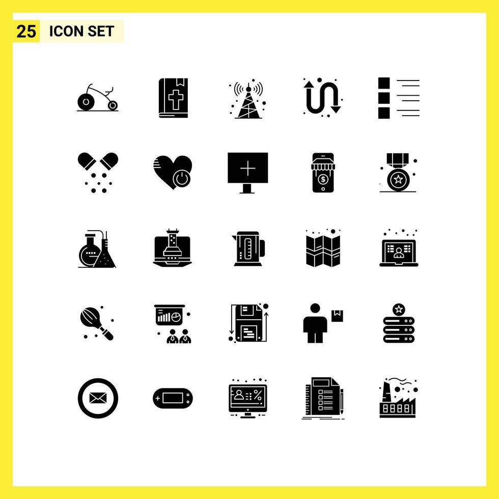 Pictogram Set of 25 Simple Solid Glyphs of view list radio details watch kit Editable Vector Design Elements