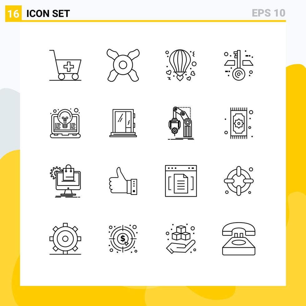 Set of 16 Commercial Outlines pack for light idea love coding keys Editable Vector Design Elements