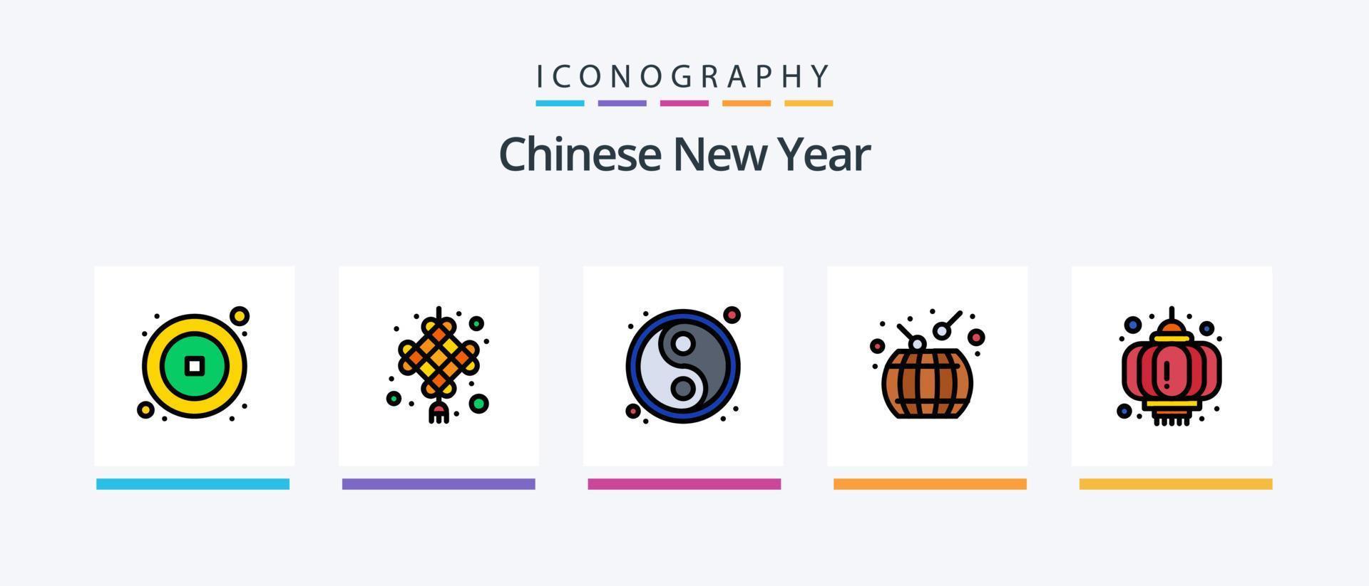 Chinese New Year Line Filled 5 Icon Pack Including . present. cup. christmas. gift. Creative Icons Design vector