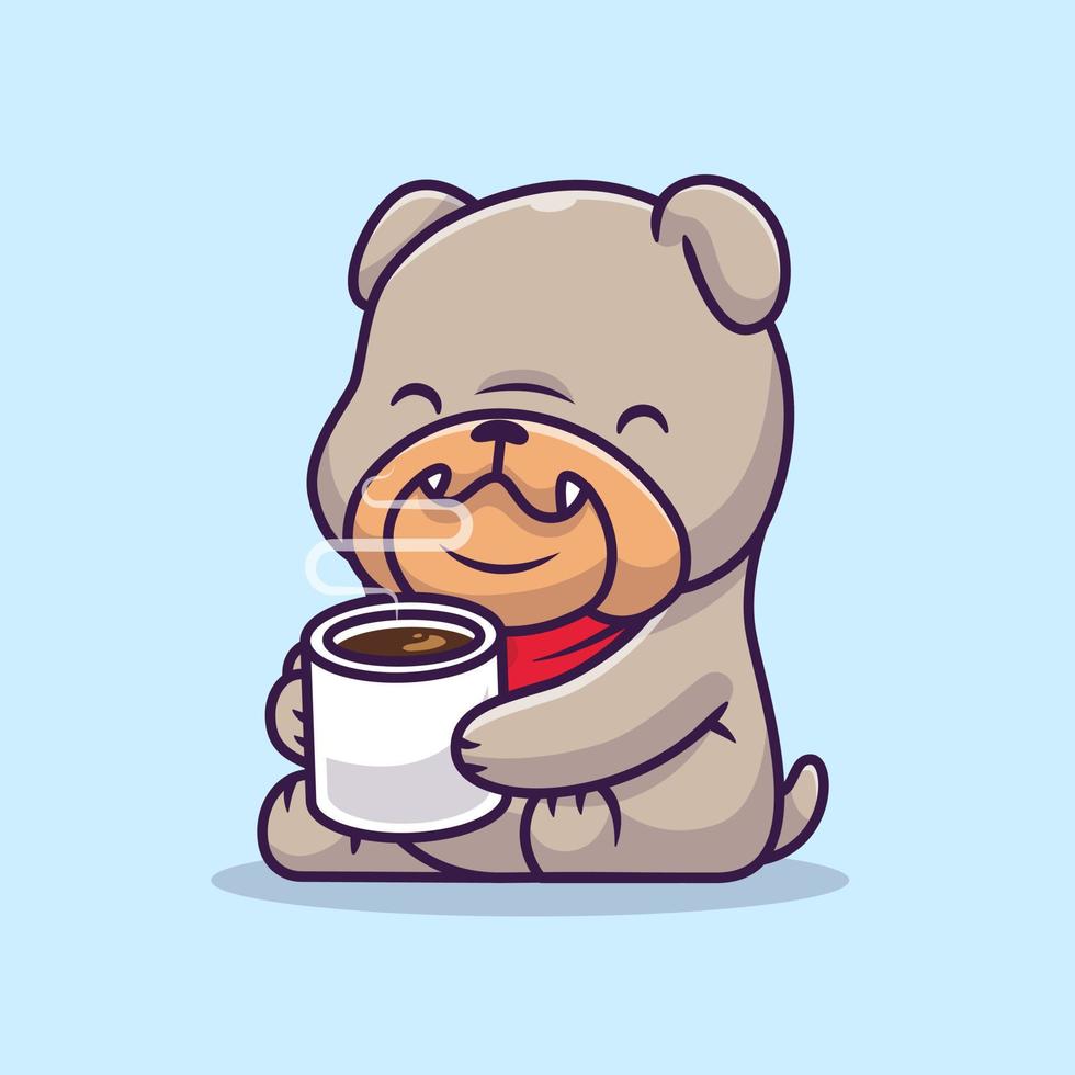 Cute Bulldog Drinking Hot Coffee Cartoon Vector Icon Illustration. Animal Food Icon Concept Isolated Premium Vector. Flat Cartoon Style