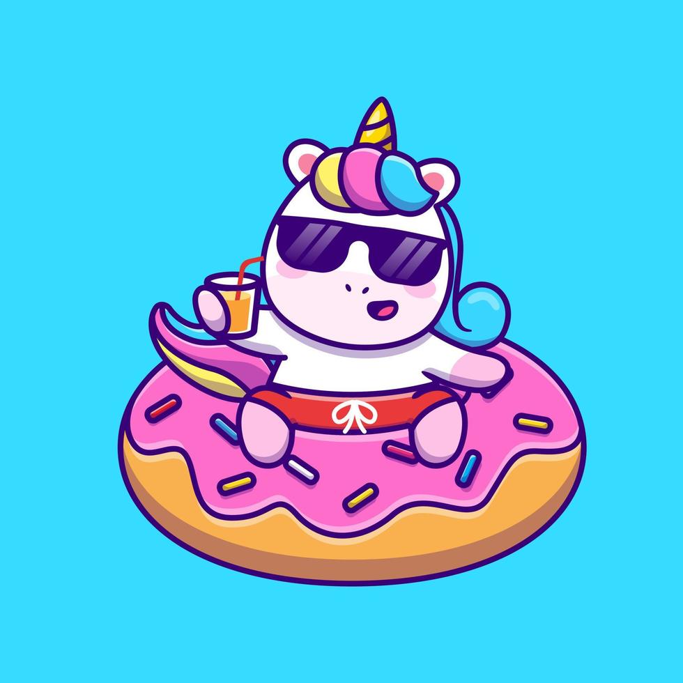 lindo unicornio nadando con globo de donut y sosteniendo jugo de dibujos animados vector icono ilustración. concepto de icono de vacaciones de animales vector premium aislado. estilo de dibujos animados plana
