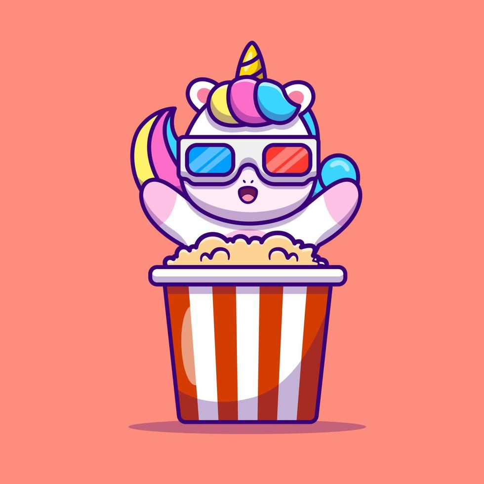 Cute Unicorn Eating Popcorn Cartoon Vector Icon Illustration. Animal Food Icon Concept Isolated Premium Vector. Flat Cartoon Style