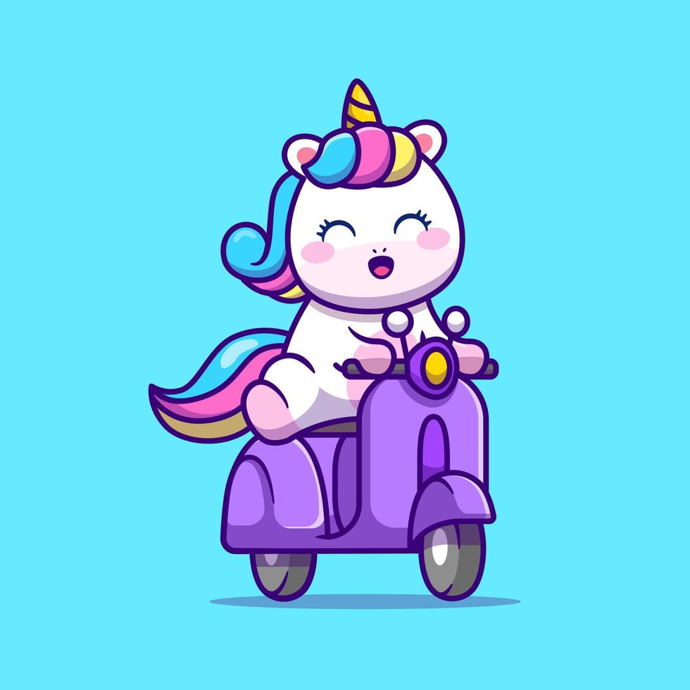 Cute Unicorn Riding Scooter Cartoon Vector Icon Illustration. Animal Transportation Icon Concept Isolated Premium Vector. Flat Cartoon Style