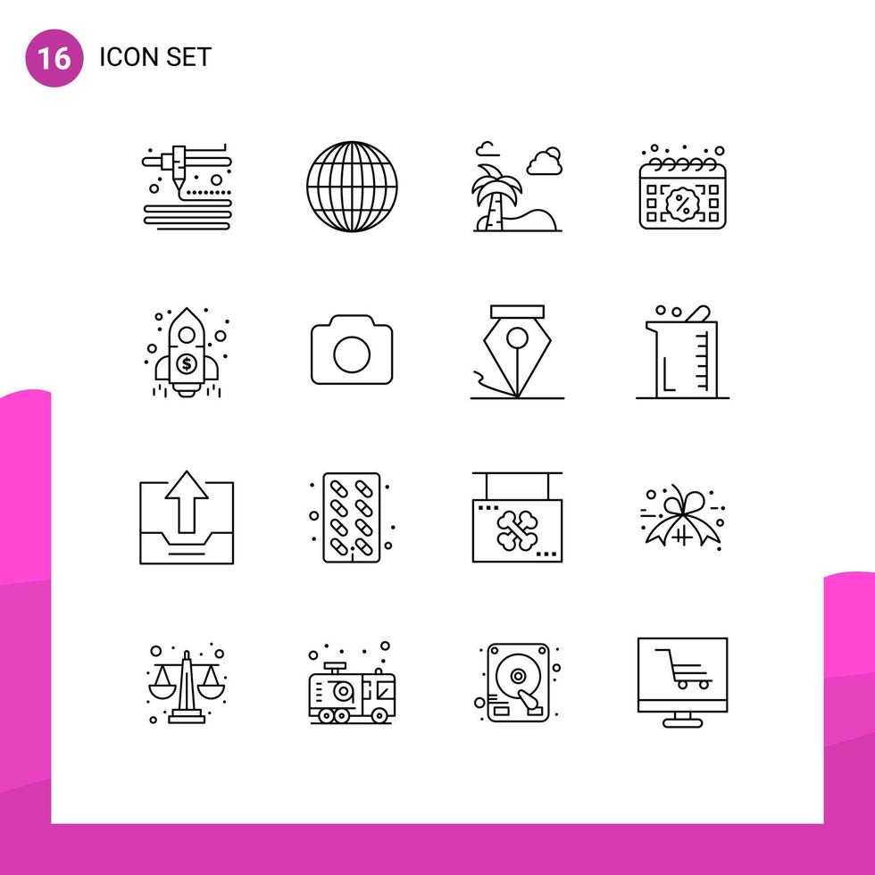 16 Universal Outlines Set for Web and Mobile Applications rocket launch spring finance day Editable Vector Design Elements