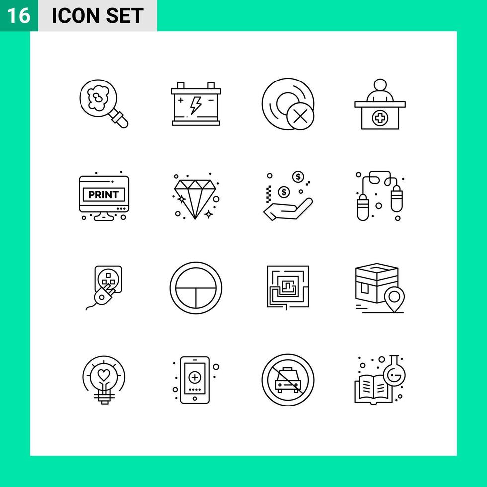 Group of 16 Outlines Signs and Symbols for doc medical appointment devices receptionist hospital Editable Vector Design Elements