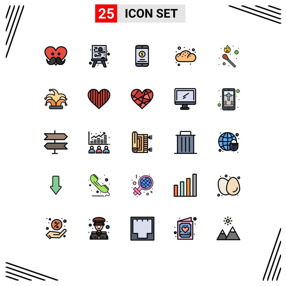 Group of 25 Modern Filled line Flat Colors Set for match fire mobile money pastry bread Editable Vector Design Elements