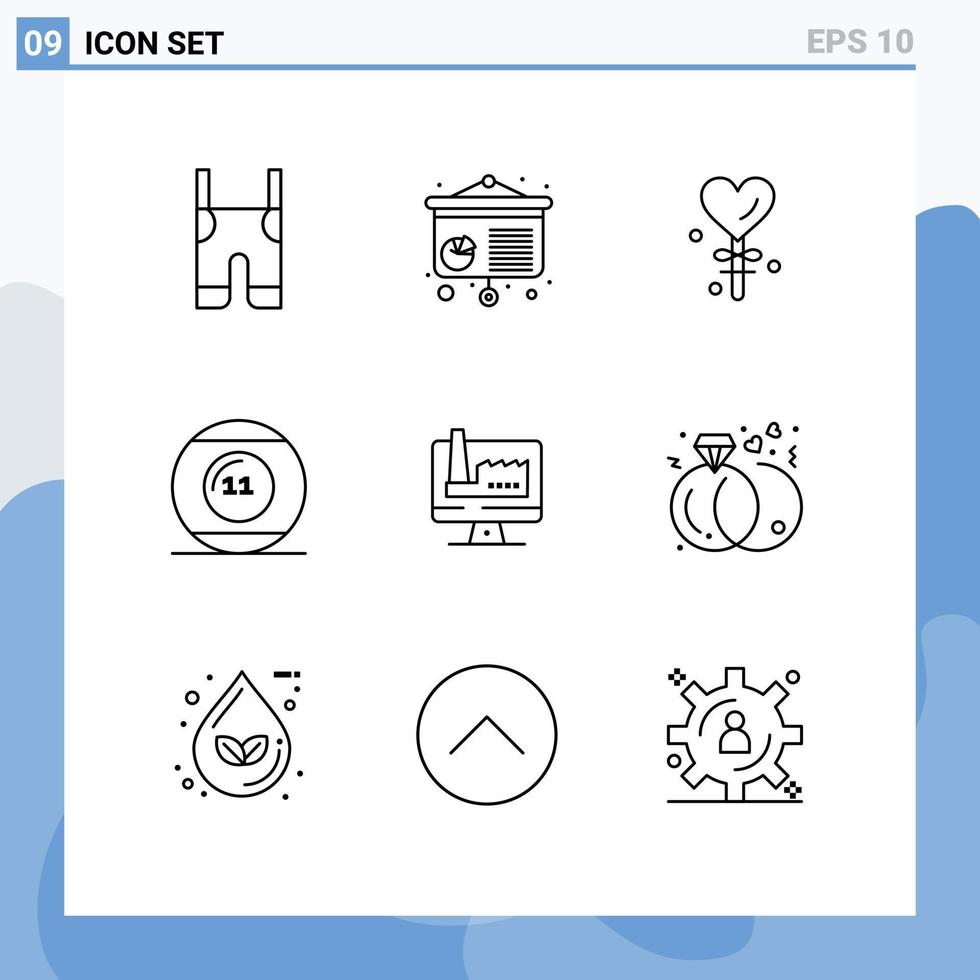 Universal Icon Symbols Group of 9 Modern Outlines of computer pool heart game ball Editable Vector Design Elements