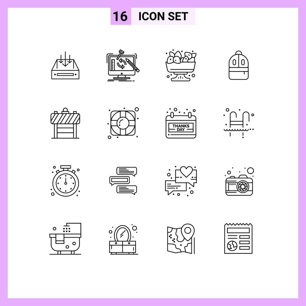 Group of 16 Modern Outlines Set for study bag tools summer food Editable Vector Design Elements