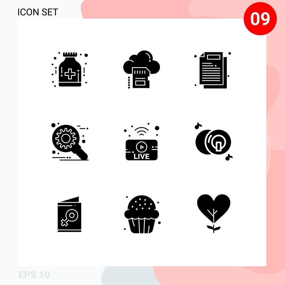 Universal Icon Symbols Group of 9 Modern Solid Glyphs of utube optimization archive development work Editable Vector Design Elements