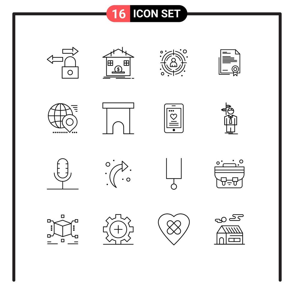 Group of 16 Modern Outlines Set for globe letter seo legal document business Editable Vector Design Elements