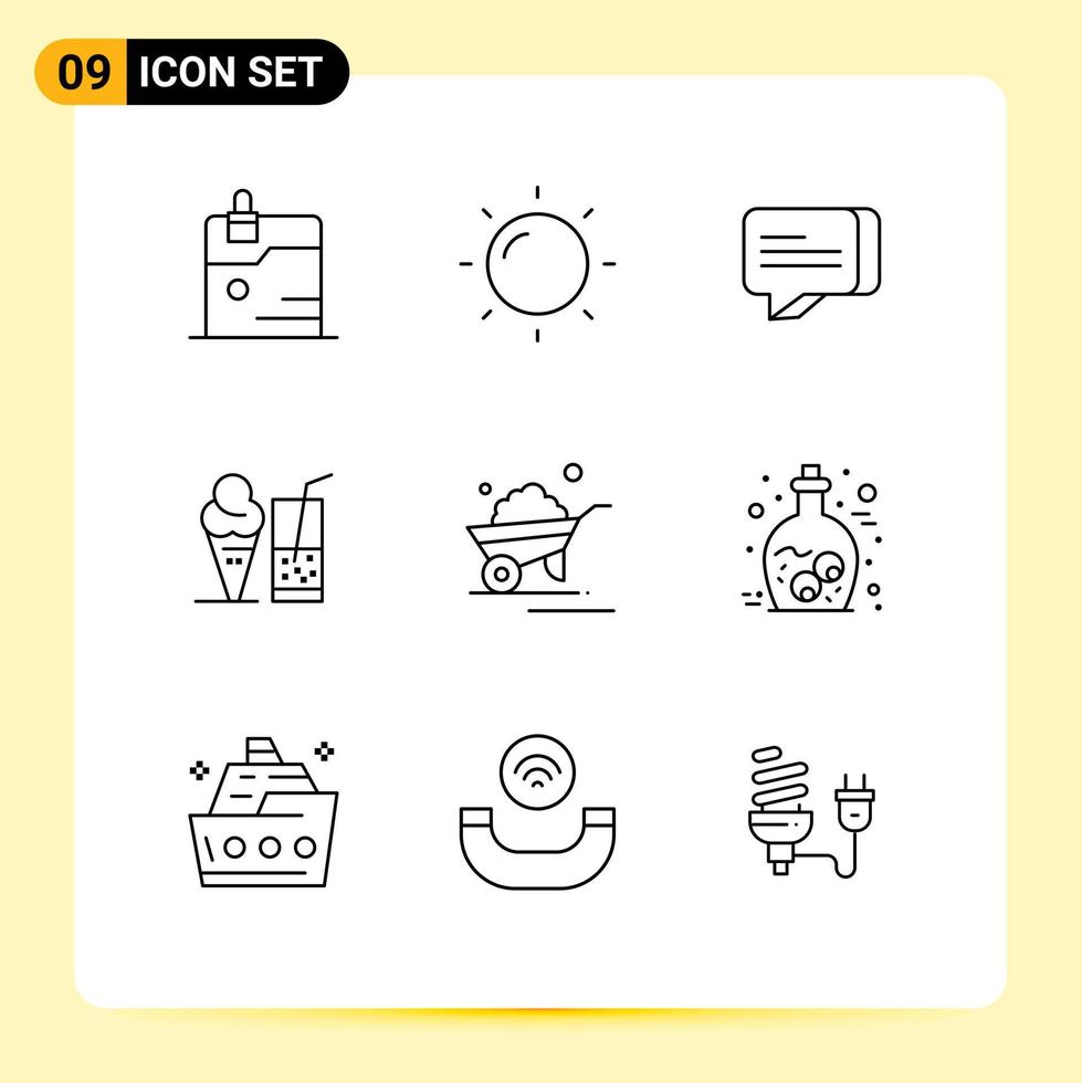 Set of 9 Commercial Outlines pack for wheelbarrow trolley message garden juice Editable Vector Design Elements